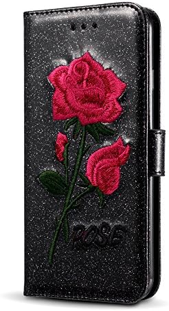 iPhone 7 Plus iPhone 8 Plus 5.5 inch Case,Premium Bling Glitter [Rose Pattern Embroidery] Flip PU Leather [Magnetic Closure] Stand Wallet Case with [Card Slots] Cover for Apple iPhone 7 Plus/iPhone 8 Plus (5.5 inch) - Black
