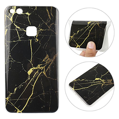 Huawei P10 Lite Hülle Silikon, Rosa Schleife Schutzhülle für >Huawei P10 Lite< Ultra Dünn Slim Case Flexible Soft Weich TPU Silicone Backcover Bumper Schale Handyhülle mit Bunte Marmor Muster , Schwarz Gold Marmor