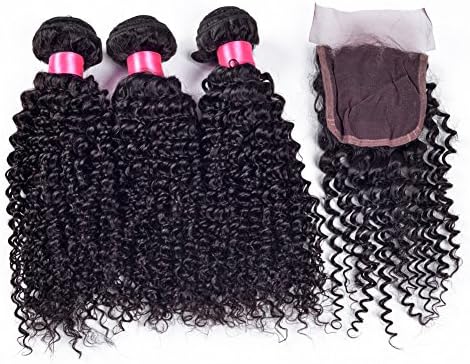 Alipop 7A Brazilian Curly Virgin Hair Unprocessed Kinky Curly 100% Human Hair Wave 3 Bundles With 4*4 Free Part Lace Closure Natural Color Pack of 4(10 10 10 inch+8 closure)