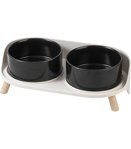 SPUNKYJUNKY Keramische voerbak met bamboe standaard voor