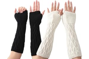 JIHUOO 2 Pairs Winter Knitted Gloves - Warm Arm Sleeves Thermal Warmers Long Fingerless Gloves with Thumb Holes - Black and White