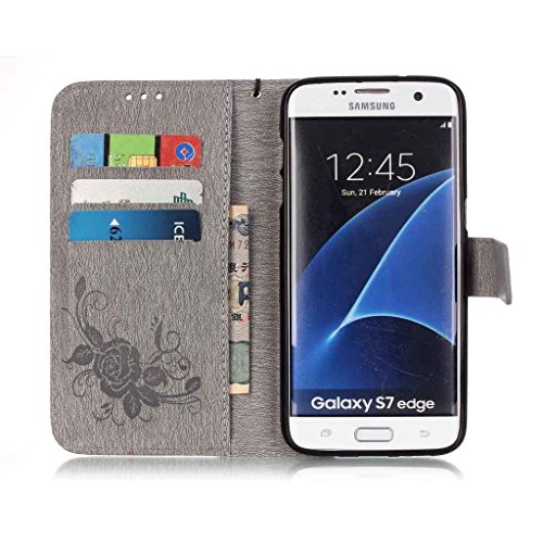 Galaxy S7 Edge Hülle mit Frei Hartglas Displayschutzfolie, BoxTii Samsung Galaxy S7 Edge Schutzhülle im Bookstyle mit Bändselloch Kartenfächern Ständer Funktion Magnetverschluss, Kratzfeste Wickelfalz Weiche Hülle Ledertasche Handyhülle mit Silikon Rückschale, PU Leder Flip Case Cover für Samsung Galaxy S7 Edge (#6 Grau) - 4