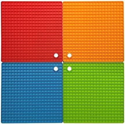 ASALON Silicone Trivet Folding Multi-purpose Trivet Mat Pot Holder, Jar Opener, Hot Pads, Spoon Rest, Heat Resistant Coaster, Garlic Peelers, Non-slip Insulation and Dishwasher Safe Tableware Mat (4 packs, 4 colors)