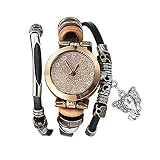 Souarts Damen Armbanduhr Bohemian Stil flackerte Zifferblatt Elefant Anhänger Casual Analoge Quarz Uhr mit Batterie Schwarz