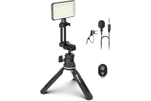 DigiPower Vlogging Kit Instructor mit LED Videoleuchte, Clip-on Lavalier Mikrofon, Handy + Kamera Halterung, Handgriff/Mini-Stativ, für Smartphones + Kameras, für TikTok, YouTube, Streaming, Meetings