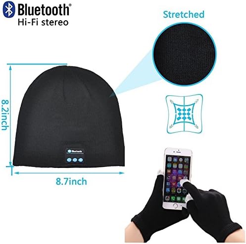 Aventus Acer Liquid Z200 / Liquid Z200 Duo (Black) Unisex Bluetooth Beanie Hat Winter Cap With built-in Stereo Headphones and Unisex Smart Touch Screen Gloves with Conductive Fingertips