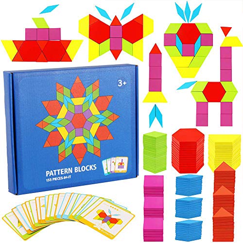 KanCai Blocchi di Legno Classico Educativo Giocattoli Montessori Set di Tangram per Bambini con 155 Pezzi di Forma Geometrica E 24 Schede di Progettazione
