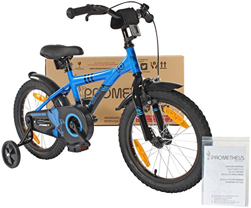 PROMETHEUS Kinderfahrrad 16 Zoll Jungen in Blau & Schwarz mit Stützrädern | Seitenzugbremse und Rücktrittbremse | ab 5 Jahren | 16“ BMX Edition 2017 - 2