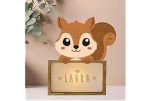 WONDEE Lampada Personalizzata Con Nome - Luce Notturna Bambini Scoiattolo, Regalo Neonato Maschio e Femmina, Regalo Battesimo Bimbo e Bimba, Regali Personalizzati Bambino e Bambina 0 1 2 3 4 anni