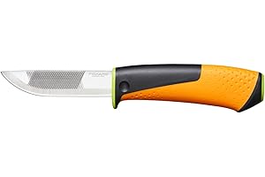 Fiskars Couteau de bricolage pour travaux difficiles, Fourreau avec aiguiseur intégré, 21,9 cm, Noir/Orange/Vert, 1023619