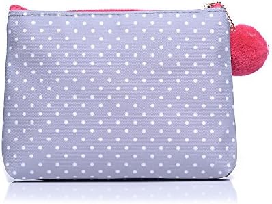 Stylish Make-Up Bag Vintage Print Pouch Cosmetic Toiletry Bag Gifts Pom Poms (Flat grey polka dot 13 x 17 x 2 cm)