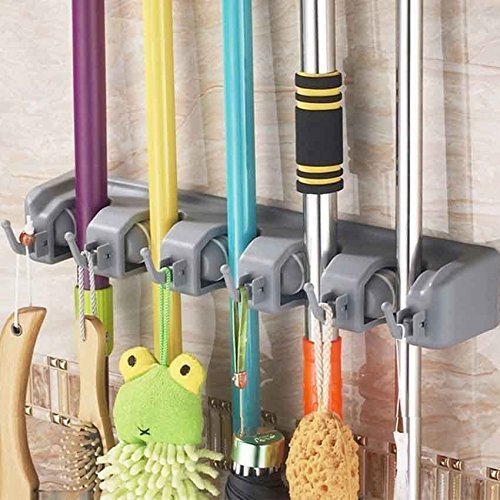 Newdora Besen Mop Halter, Gerätehalter Wandhalterung, Ordnungsleiste Wandhalter mit 5 Haken und 6 Schnellspannern für Mopp ,Besen und Gartenwerkzeug usw - 4