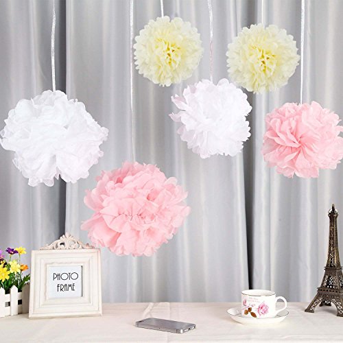 Fanaticism 30 Stück Seidenpapier Pompons Hochzeit Party Deko, weiß rosa crème – 10x Ø20, 10x Ø25, 10x Ø30 cm