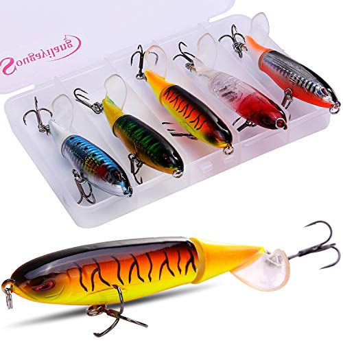 Sougayilang Fishing Lure Whopper plopper avec Floating Rotating Tail Topwater Bait leurres d'eau de mer leurres pour Carp Bass pike-5PCS avec Box