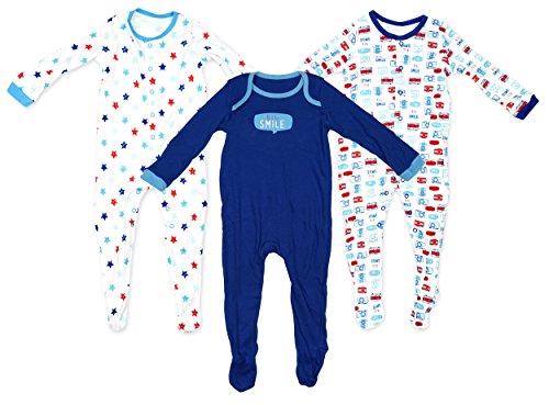 Baby Boys Pack of 3 Sleepsuits with Feet Smile Camera Motif sizes from Newborn to 24 Months