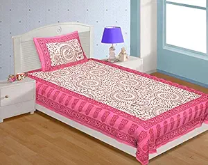 EarlyMart Comfort Rajasthani Jaipuri Traditional Sanganeri Printed 144 TC Cotton Single Size Bed Bedsheet with 1 Pillow Cover - Pink