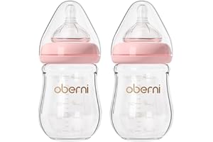 Oberni Glass Baby Bottles with Level 1 Slow Flow Breast-Like Silicone Teat, 150ml, 0+ Months Newborn, Wide-Neck, Pink/2Pack