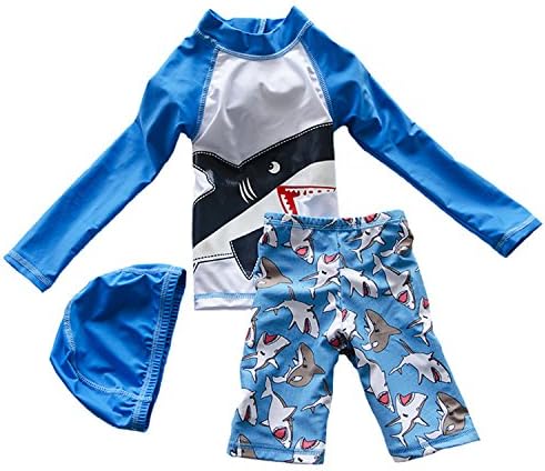 Babyicon 3pcs Baby Boys Long Sleeve Sun Protection Swimwear Swimsuit With Cap (L:2-3 years old, Blue Shark)