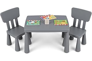 GYMAX Kids Table and Chair Set, Toddler Activity Table with 2 Chairs, Children Furniture Set for Playing, Learning, Eating and Drawing (Dark Grey)