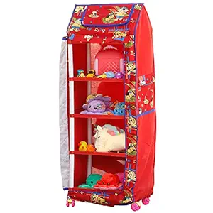 zest 4 toyz Multipurpose Shelve Space Organizer Plastic Wardrobe Foldable Almirah with 5 Trays Racks for Clothes and Toys for Kids Boys Girls - RED