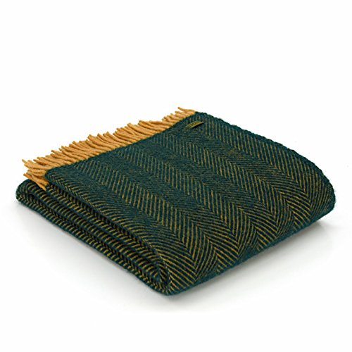 Tweedmill Textiles Herringbone pure new wool blanket throw rug - Emerald Green/Mustard Yellow BRITIS Tweedmill Textiles Herringbone pure new wool blanket throw rug - Emerald Green/Mustard Yellow BRITIS