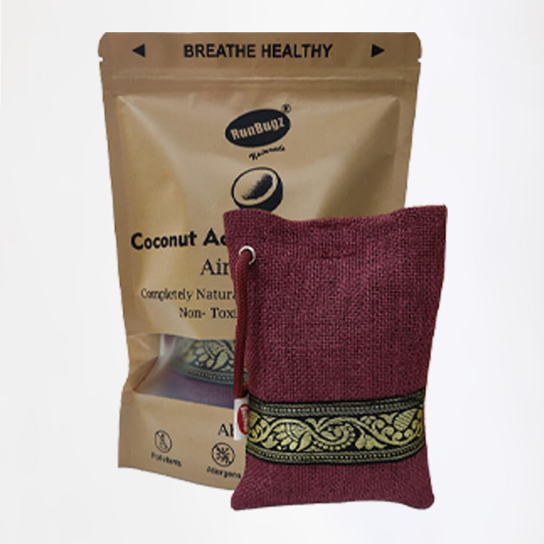 Runbugz Activated Charcoal Air Purifier and Dehumidifier (75g, Small Maroon Pack) - Ideal for Home, Car, Wardrobe, Fridge, Sh