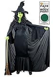 Ideal para Halloween. ILOVEFANCYDRESS - Disfraz de bruja verde para mujer (incluye pintura facial verde, capa negra y sombrero negro, talla XS-XXL)