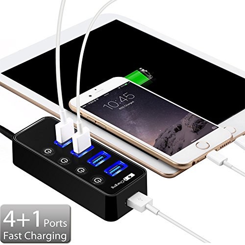 V.one High Speed Aktiver USB 3.0 Datenhub 4 Ports Hub Adapter Verteiler Datenübertragung Power mit mit 1 Ladeport(Max 2.4A) und 4 Schaltern 5Gbps Data Transfer Ports Splitter DC Power Adapter für Win7/8/10 PC Mac Macbook Laptop Notebook Windows MAC iPhone, iPad, Samsung, Motorola, HTC und andere USB 3.0 kompatiblen Geräten (inkl. 5V/2A Schnelles Laden Netzteil) - 5