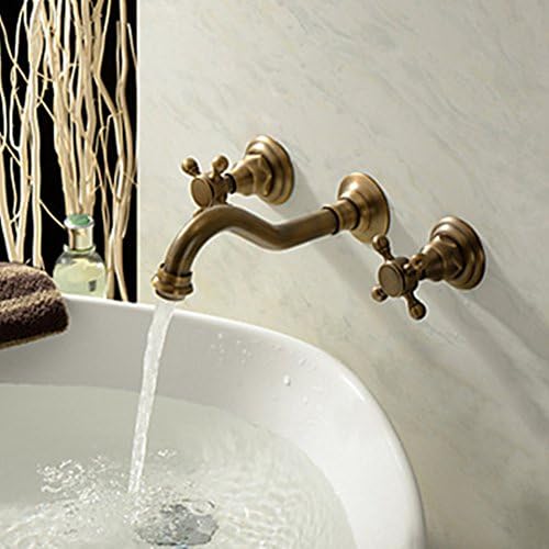 GDS Faucet£¬ Wall Mounted Two Handles Three Holes in Antique Brass Bathroom Sink Faucet