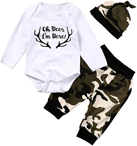 SCFEL Newborn Baby Boy Girl Unisex Long Sleeves Bodysuit + Camouflage Trousers + Hat 3pcs Autumn Outfits (0-6 Months)