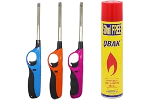 ALJOIR Pack de 3 Mecheros Encendedores de Cocina Largos 27cm + Bote de Gas para Recarga 300ml. para Barbacoa, Chimenea, Estufa. Gas para Soplete y Mechero (Colores aleatorios)
