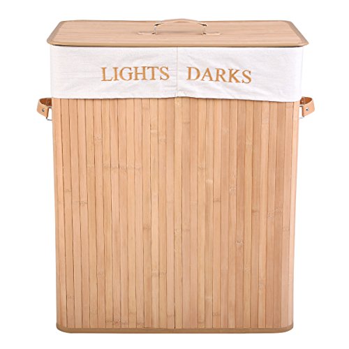 Wäschekorb Wäschekörbe Wäschebox Wäschetruhe Wäschesammler Bambus mit Leinen Kleidersack Wäschetone Wäschewagen 100L (Natur) - 2