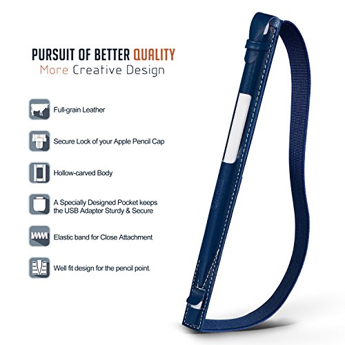 Apple Pencil Halter, Fullmosa® Hochwertige Kunstleder Stifthalter Apple Pencil Hülle Etui mit USB-Adapter-Tasche für iPad Pro 9.7 & iPad Pro 10.5,Dunkelblau - 2