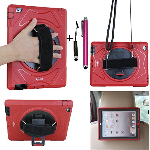 Cellular360 Apple iPad 2/ iPad 3/iPad 4 Schock-und Drop-proof Hülle, Kopfstützen-Halterung mit einem Griff, einem Schultergurt und einem 360 Grad drehbaren Standfußdrehbaren (Apple iPad 2/3/4,Schulterriemen- Rot)