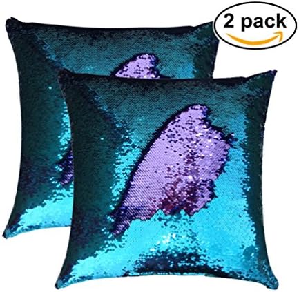 San Tungus 2 Packs 18"x18" Teal And Light Purple Mermaid Pillow Reversible Sequin Pillow that Changes Color Without Insert