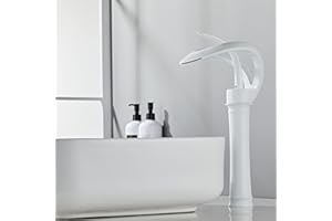 SJQKA Robinet de Lavabo Cascade, Mitigeur Cascade, Robinet Salle de Bains Monotrou Sur Plage, Cartouche Céramique, Robinetterie Lavabo Design Elégant,Blanc,Haut