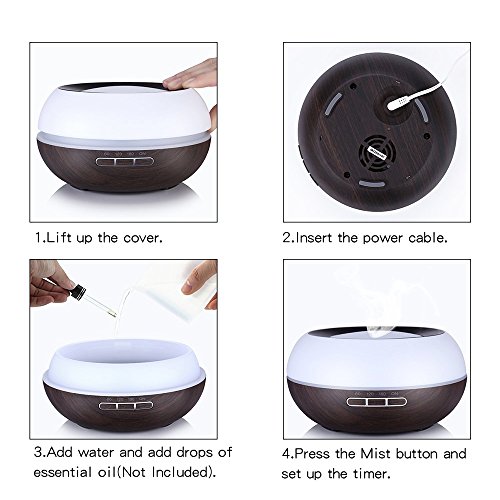 Aroma Diffuser, YCTA 300ml Holzmaserung Luftbefeuchter Ultraschall Öl Diffusor Duftzerstäuber Humidifier Aromatherapie Diffusor Tragbarer mit 7 Farben LED Licht für Babies Kinder(WOOD1-Dark Brown) - 3