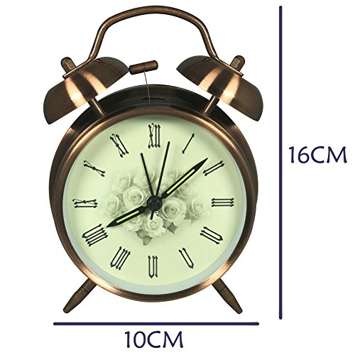 Retro Glockenwecker,Trrebtle Doppelglocken-Wecker mit Nachlicht, geräuschloser Betrieb, Quarzuhrwerk, wecker analog, Retro-Design, lauter Alarm 4 Zoll,Kupfer - 2
