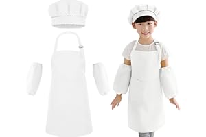 MAXQUU 1 juego de uniforme de cocina para niños, 1 gorro de cocinero, 1 par de mangas, delantal de cocina infantil, delantal ajustable, adecuado para niños de 7 a 13 años para pintar, actuar y cocinar