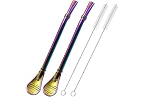 FATIYA Słomki do picia ze stali nierdzewnej z łyżką filtrującą, 2 sztuki słomki do herbaty, Mate Bombilla, mieszadło do kawy do mrożonej herbaty, koktajli, z 2 szczoteczkami do czyszczenia (kolor kolorowy)