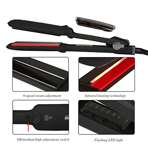 Infrared Steam Hair Straightener Wide Plate  Professional Salon Flat Iron Ceramic Hair Straighteners With Digital LCD Display  Dual Voltage Fast Heat With Heat Insulation Protection Glove Black