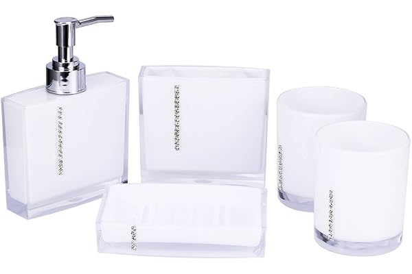 5-delat badrumstillbehör set inkluderar emulsionsflaska, tandborsthållare, 2 gurglingskopp, tvålfat, plastgåvor badset
