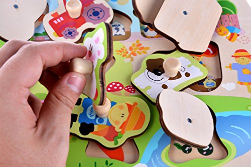 Large Size Farm Animals Wooden Pegged Puzzles, Educational Learning Preschool Toys game for Kids, Best Birthday Gift for Age 3 4 5 years old kids Children Baby Toddles Boys Girls