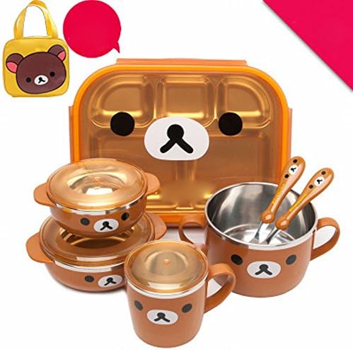 XHW Children 'S Cutlery Sets Baby Double Bowl Water Cup Insulation 304 Stainless Steel Plate Spoons Fork and Chopsticks,Brown