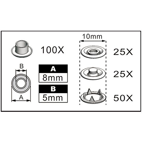 2 in 1 Druckknopfzange und Ösenzange (Installations-Set) Inkl. Bunte Ösen mit 5 mm Lochdurchmesser und 25 Sets Druckknöpfe - 5