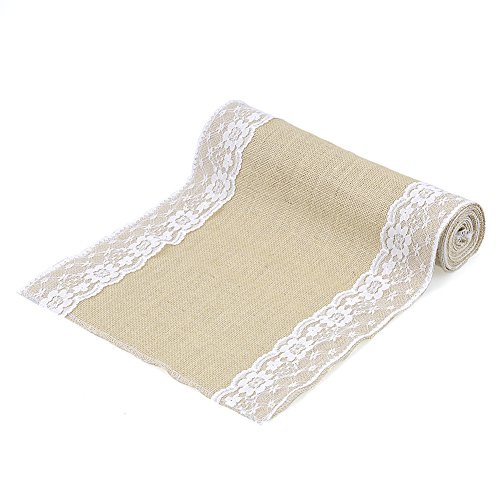 Jingxu Rustic Burlap Lace Tischläufer Natürliche Jute für Hochzeitsfeier als Tischdekoration Weiße Spitze (L) - 2