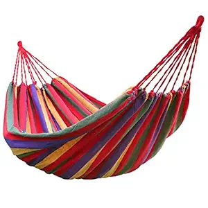 ERIZONE Cotton Striped Foldable Hammock Portable Hanging Bed Ultralight Swing for Outdoor Activities & Garden Beach Travel with Strong Rope - with Carry Bag - Red