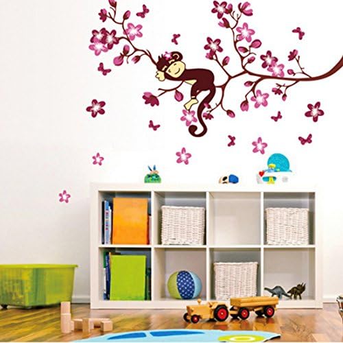 Beautiful Peach Blossom Monkey Wall Sticker House Decal Removable Living Room Wallpaper Bedroom Kitchen Art Picture PVC Murals Sticks Window Door Decoration + 3D Frog Car Sticker Gift