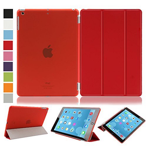 Besmall Neu Ultra Slim Edles iPad Air iPad 5 Hülle - Smart Cover Leder Case Schutz Hülle Tasche + Back Case - inkl. Displayschutzfolie Reinigungstuch Stift mit Multi Ständer Auto Sleep Wake (iPad Air/iPad 5, Farbe:Rot)