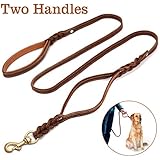 Leder Hundeleine 2 Griffe, Focuspet 176x1.5cm Doppelte Griff Geflochtene Hundetraining Leine Große Metall Schließe Schnapphaken Braun Geeignet Für Große Mittlere Schwere Hunde